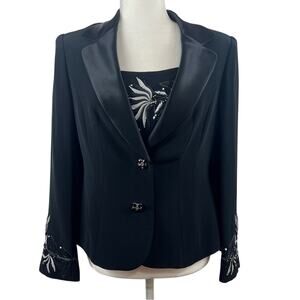 2 Pc Vintage Black Textured Floral Sequin Beaded My Ferry Top & Blazer Size 10